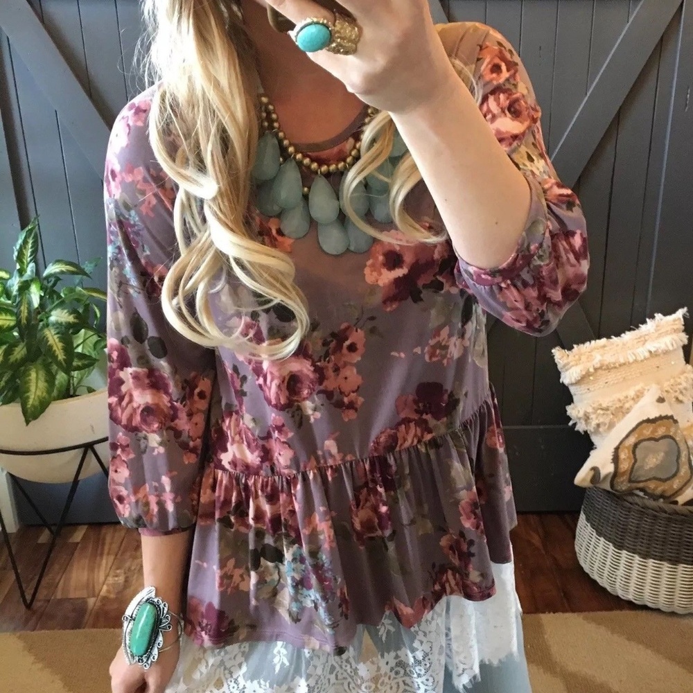 New Boutique Floral 3/4 Sleeve Peasant Blouse Top - Picture 2 of 6